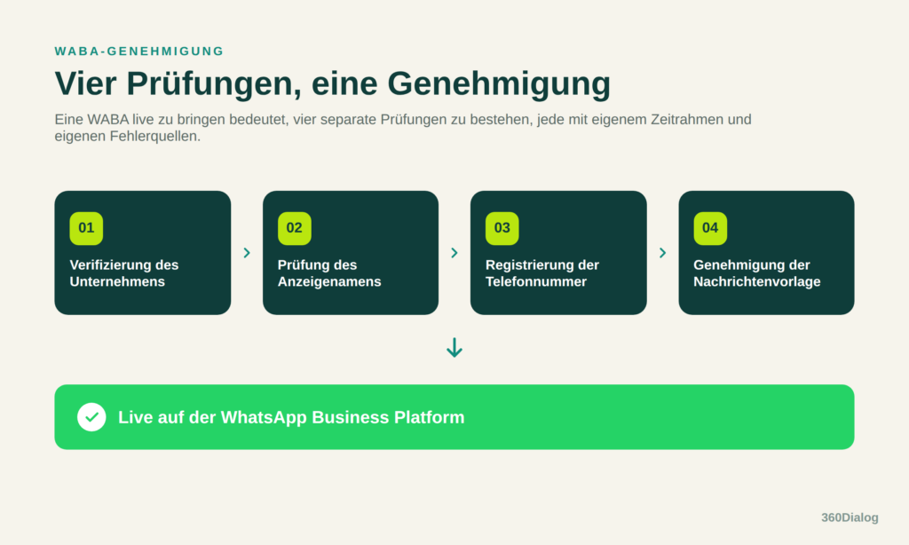 Diagramm der vier WABA-Prüfungen: Unternehmensverifizierung, Prüfung des Anzeigenamens, Registrierung der Telefonnummer und Genehmigung der Nachrichtenvorlage, die zum Livegang auf der WhatsApp Business Platform führen.